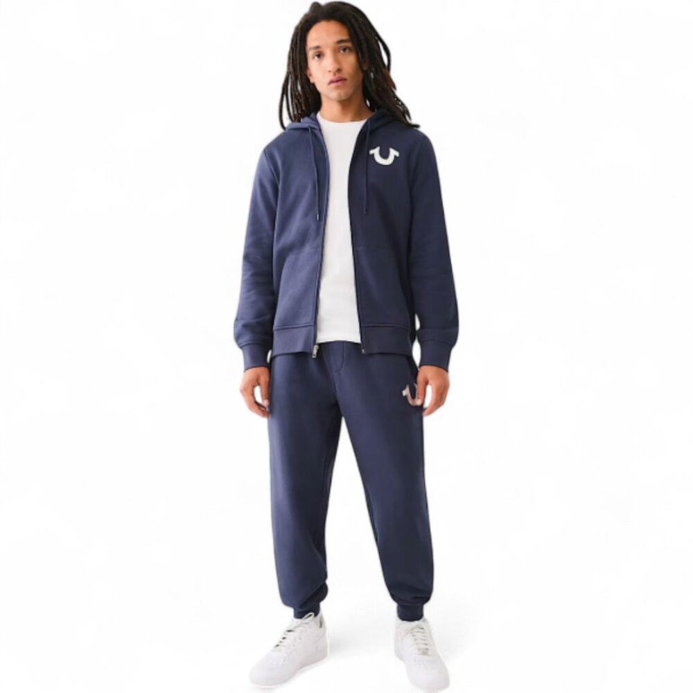 True Religion Men's Metallic Sweatsuit 2 Piece Fleece Hoodie Joggers Outfit Set